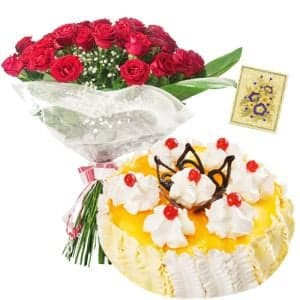 Red Roses, Pineapple Cake n Greeting Card